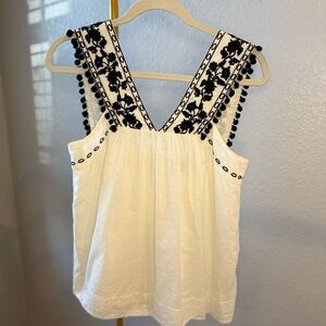 J Crew Elegant White Sleeveless Blouse with Black Embroidery